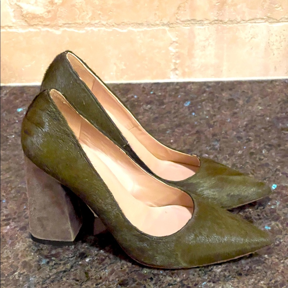 Anthropologie Pura Lopez olive calf hair heels